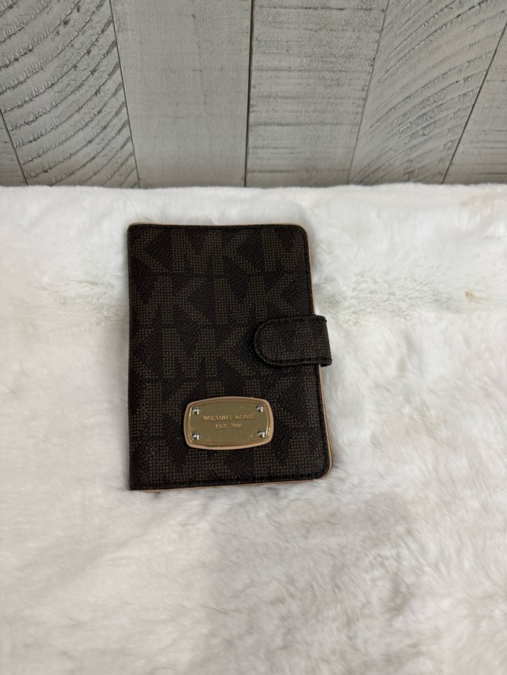 Michael Kors Dark Brown Monogram Passport Cover with Gold Plaque